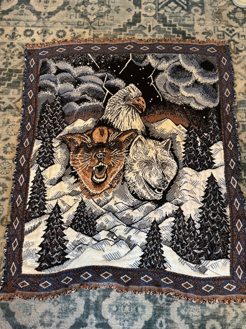 Wildlife Tapestry Throw - Eagle, Wolf, and Bear in Winter - Brown Black White